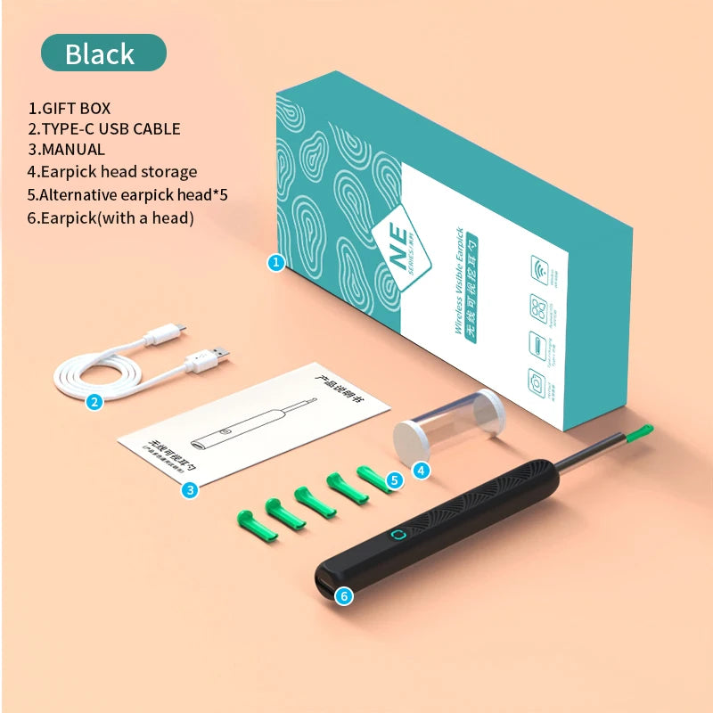 6 LED Lights Earpick Smart Visual Ear Cleaner with Camera 1296P Ear Sticks USB C Charging Ear Wax Removal Tool WIFI Connection