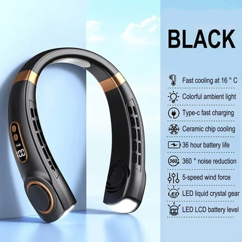 Leafless Hanging Neck Fan Silent Strong Wind Hands-Free Portable Long-Lasting Refreshing And Cooling Outdoor Fan In Summer