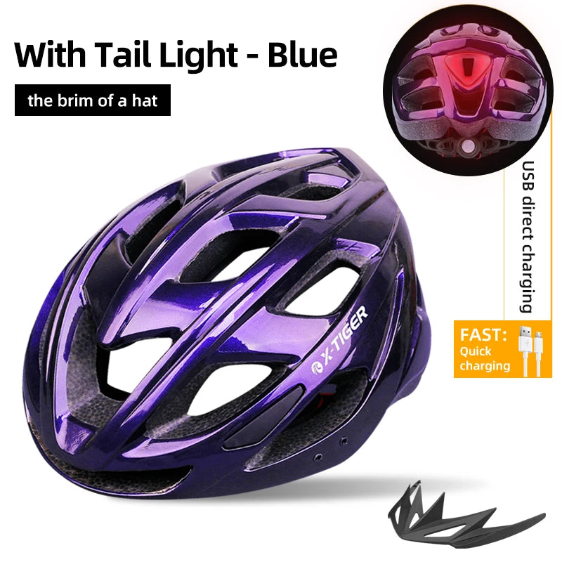 X-TIGER Cycling Helmet Man Women LED Light Helmet Road Mountain Bike Helmet Bicycle Helmet Rechargeable Brim Design Helmet