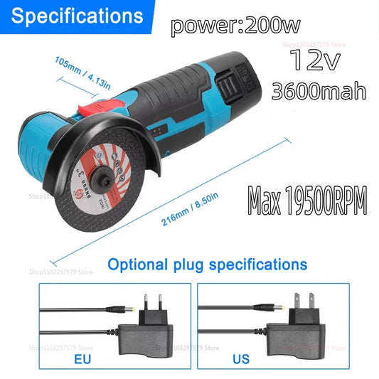 12V Cordless Electric Angle Grinder Compact 19500rpm LithiumBattery Mini Polishing Grinding Diamond Cut Tool for DIY and HomeUse