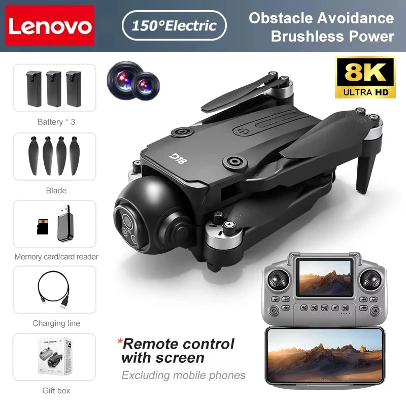 Lenovo D18 Drone 8K HD Dual Camera Aerial Photography Obstacle Avoidance Brushless Motor 5G WIFI GPS Return 18000m Quadcopter