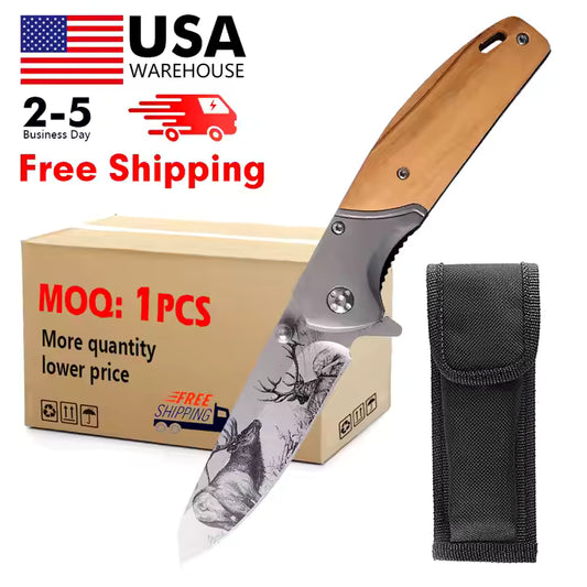 Customize logo Pattern Foldable Wooden Pocket with Clip Camping Knife for Survival