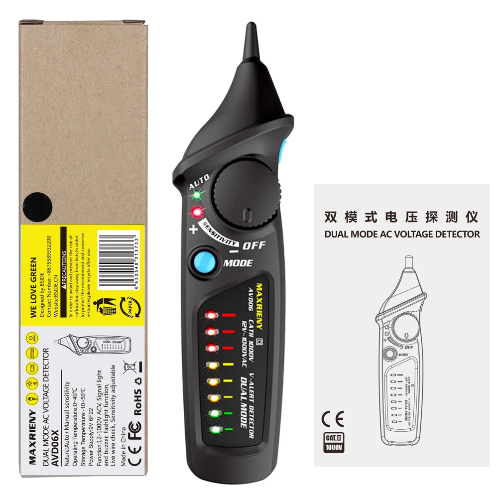 MAXRIENY Non-Contact Voltage Detector Tester AVD06 Socket Wall Outlet Live Test Pen Indicator 12~1000V NCV Continuity Test meter