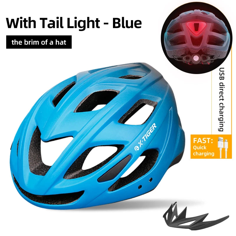 X-TIGER Cycling Helmet Man Women LED Light Helmet Road Mountain Bike Helmet Bicycle Helmet Rechargeable Brim Design Helmet