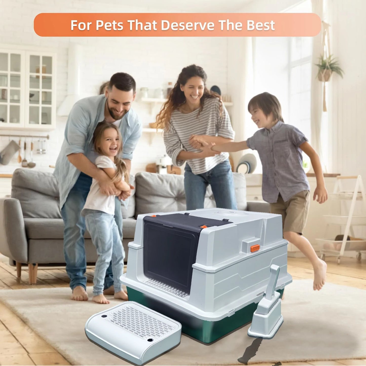 Stainless steel litter box with lid, extra-large enclosed kitty litter pan, equipped with steps and a litter scoop,