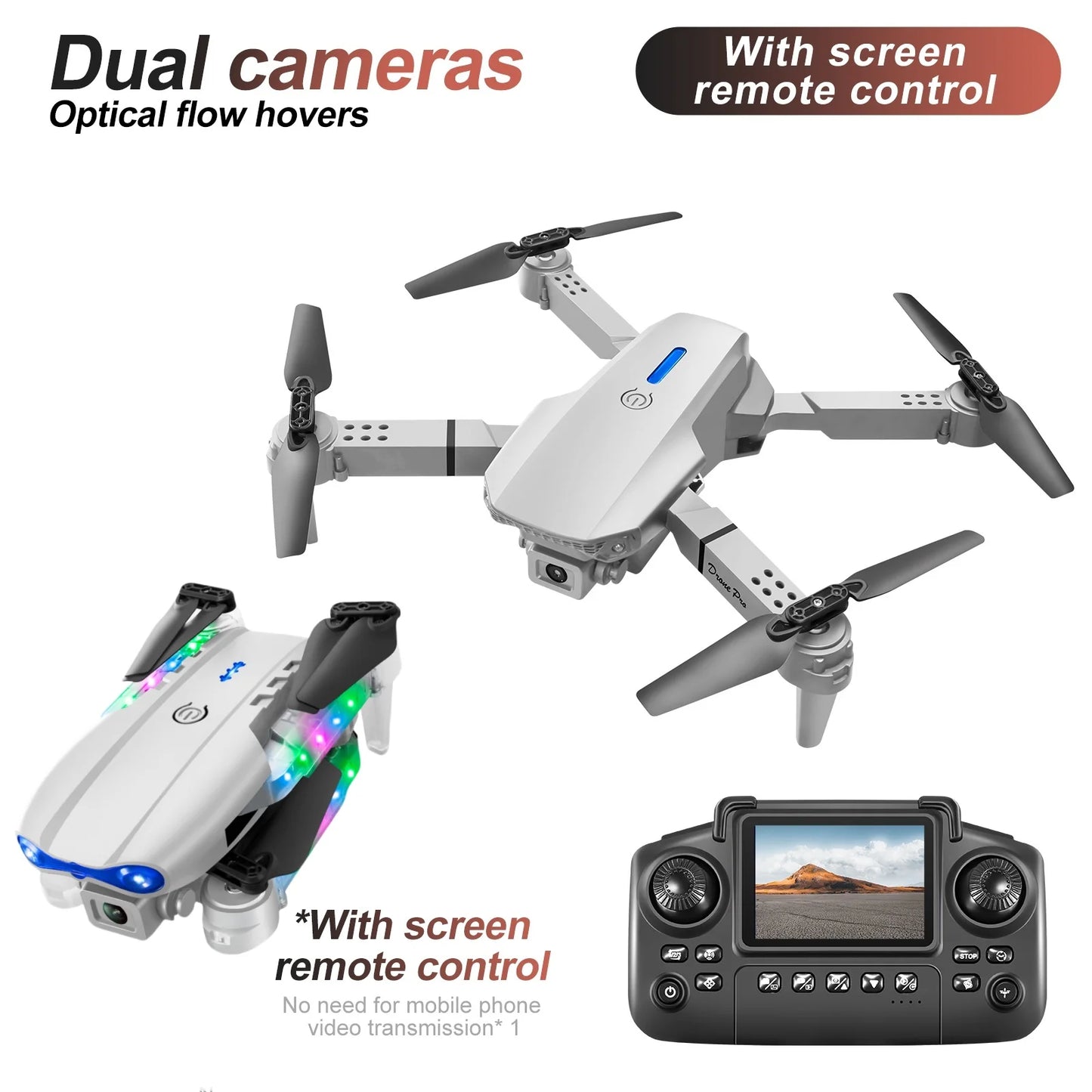 Mini Drone Dual Camera Lighting Screen Control E88 E99