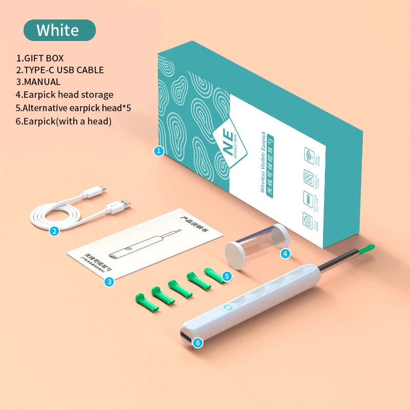 6 LED Lights Earpick Smart Visual Ear Cleaner with Camera 1296P Ear Sticks USB C Charging Ear Wax Removal Tool WIFI Connection