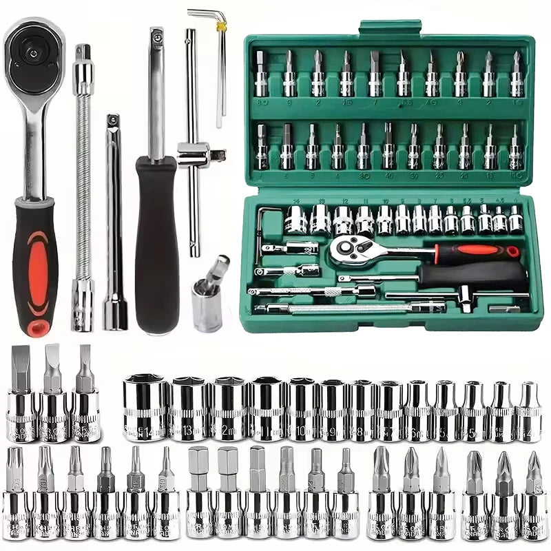 46pc Driver Sleeve Kit 1/4" Ratchet Wrench Kit for Automatic House Repair with Socket Hexagonal Socket Settings Mechanical Tool