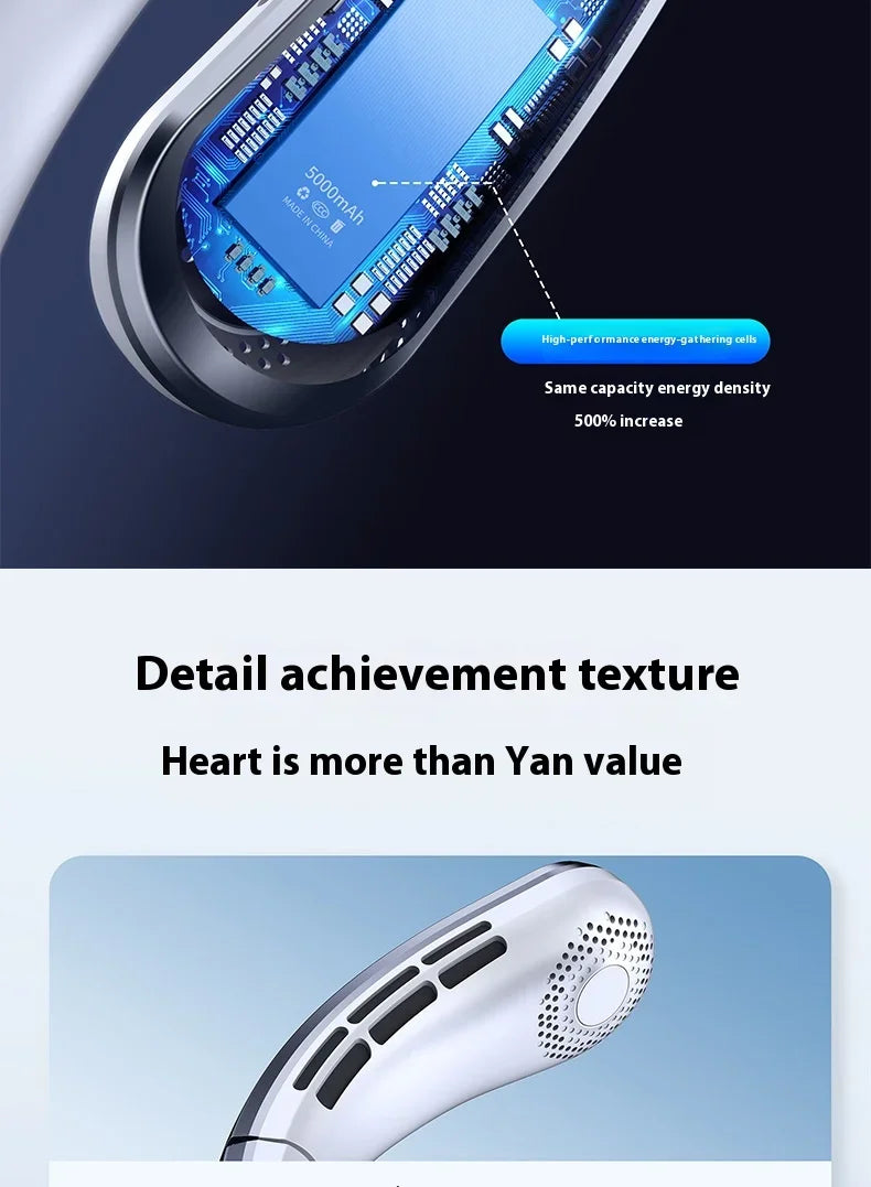 Portable Neck Fan 5000mAh Rechargeable Fan Mini 3-Speeds Large Wind Outdoor Silent Electric Ventilador for Home Camping Outdoor