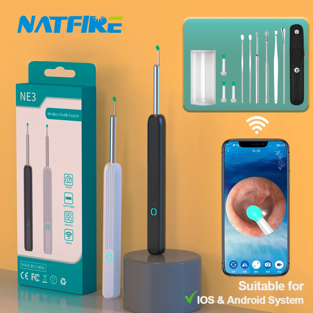 NATFIRE NE3 Ear Cleaning Kit Smart Visual Ear Sticks 1296P Ear Wax Removal Tool Wireless Ear Cleaner with Camera LED Light