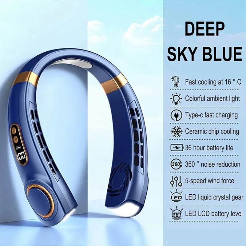 Leafless Hanging Neck Fan Silent Strong Wind Hands-Free Portable Long-Lasting Refreshing And Cooling Outdoor Fan In Summer