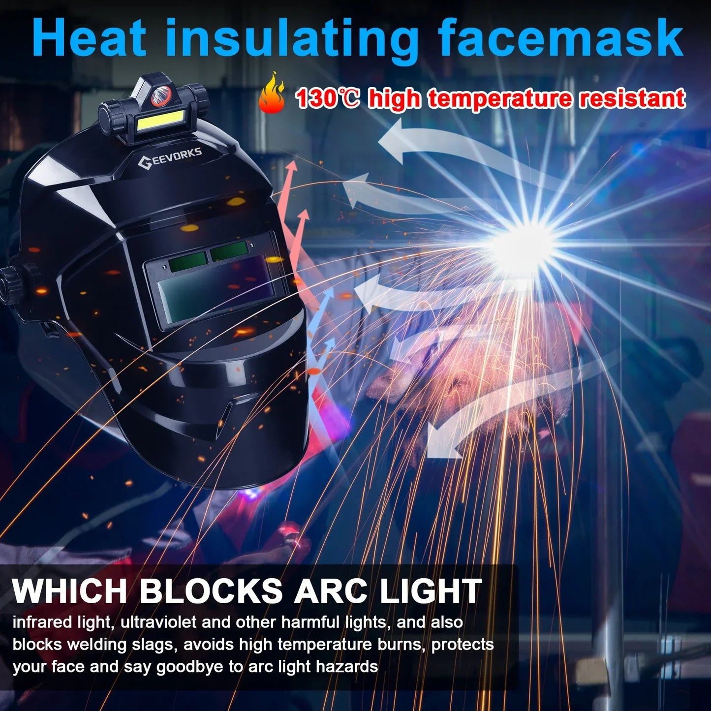Automatic Dimming Welding Facemask Large View True Color Auto Darkening Welding Facemask 130℃ High Temperature Resistant