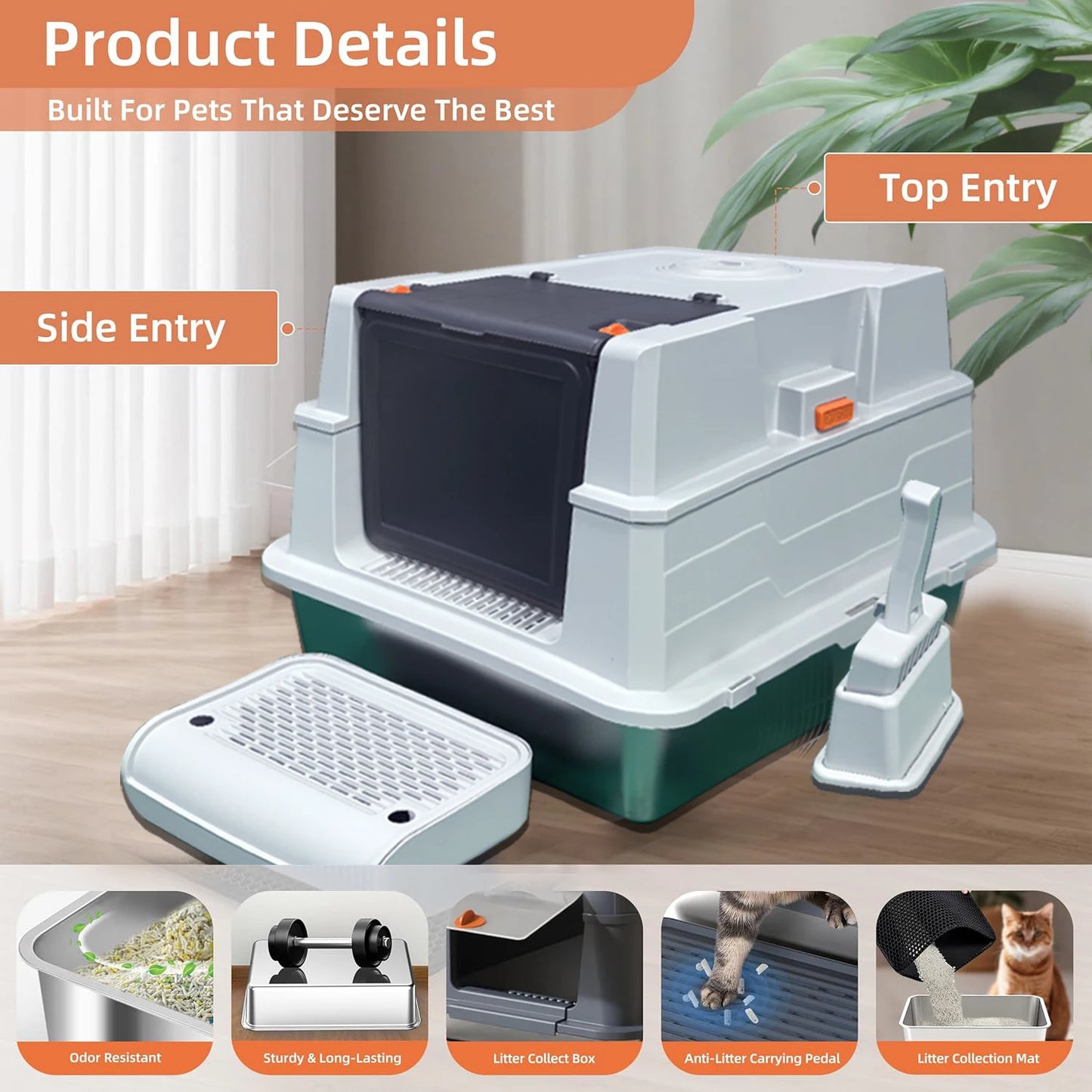 Stainless steel litter box with lid, extra-large enclosed kitty litter pan, equipped with steps and a litter scoop,