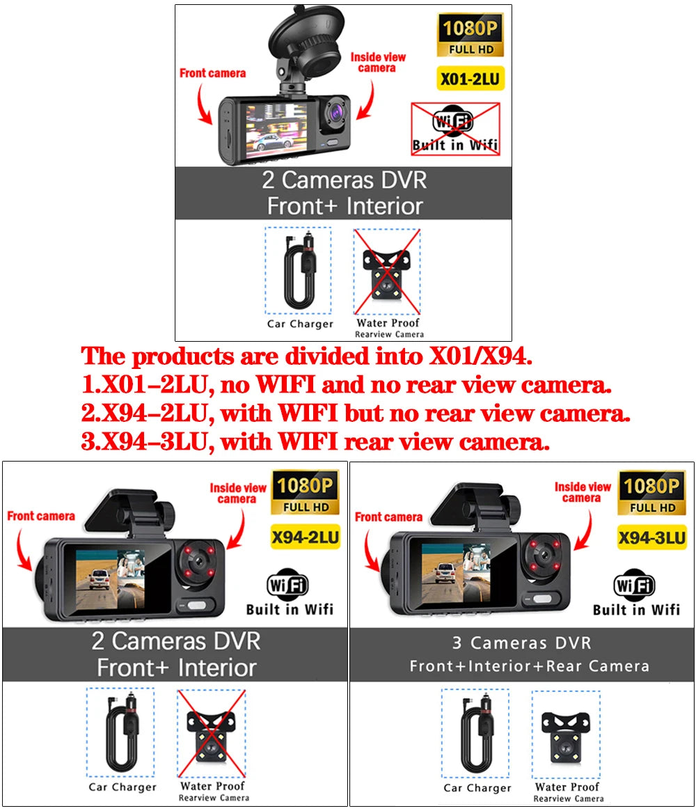 Triple Lens WiFi Dashcam 2/3 Channel Car Camera 1080P HD Video Recorder