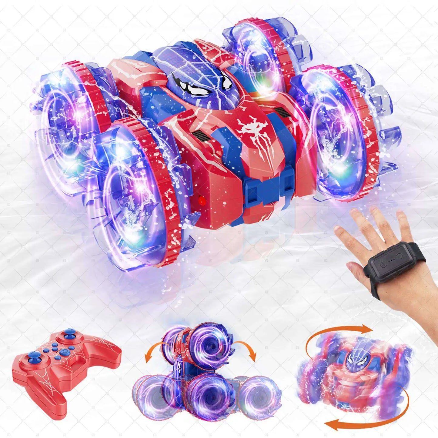 Gesture Sensing RC Stunt Car 360 Degree Rotating Amphibious Hand Gesture Remote Control Car with Lights for Kids Boys Red