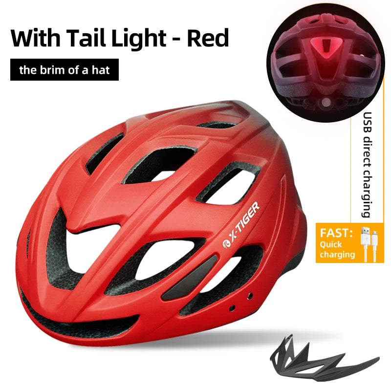 X-TIGER Cycling Helmet Man Women LED Light Helmet Road Mountain Bike Helmet Bicycle Helmet Rechargeable Brim Design Helmet