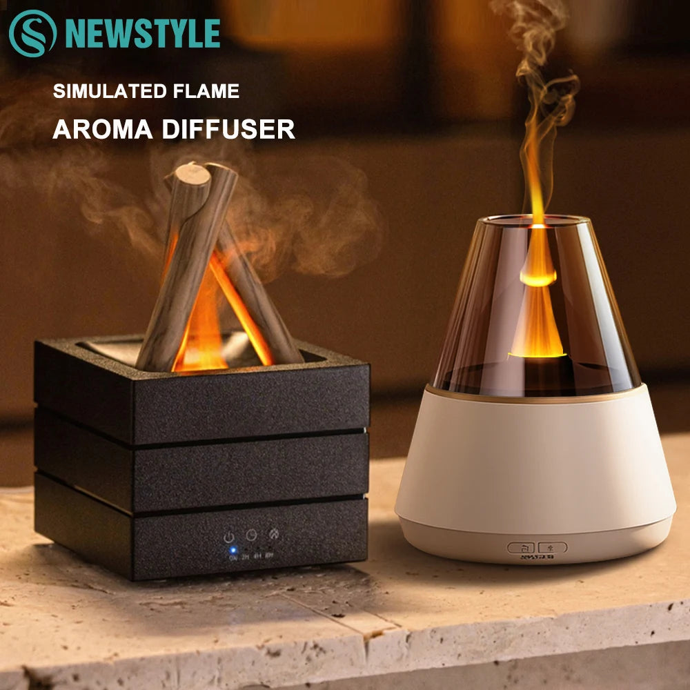 NEWSTYLE Simulated Flame Aroma Diffuser Bonfire Air Humidifier Ultrasonic Cool Mist Maker Fogger LED Essential Oil Lamp Diffuser