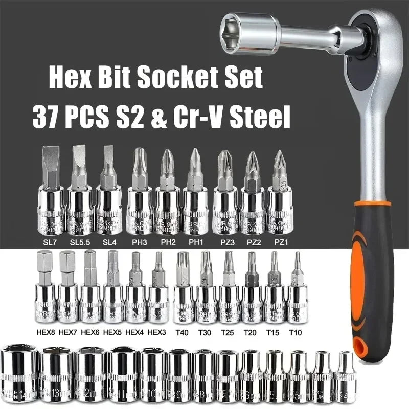 46pc Driver Sleeve Kit 1/4" Ratchet Wrench Kit for Automatic House Repair with Socket Hexagonal Socket Settings Mechanical Tool