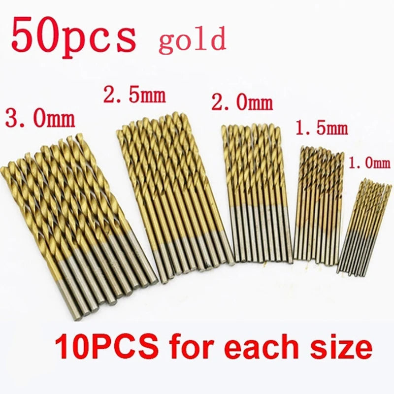 50/100Pcs 1/1.5/2/2.5/3mm Titanium Plated High-speed Steel Titanium Coated Drill Bits Set For Metal Wood Aluminum Drilling Tools
