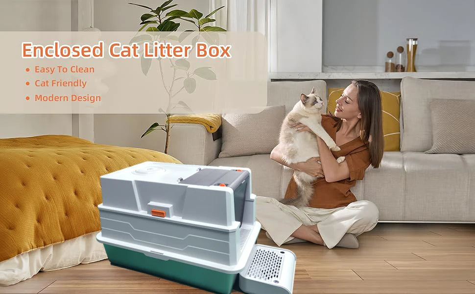 Stainless steel litter box with lid, extra-large enclosed kitty litter pan, equipped with steps and a litter scoop,