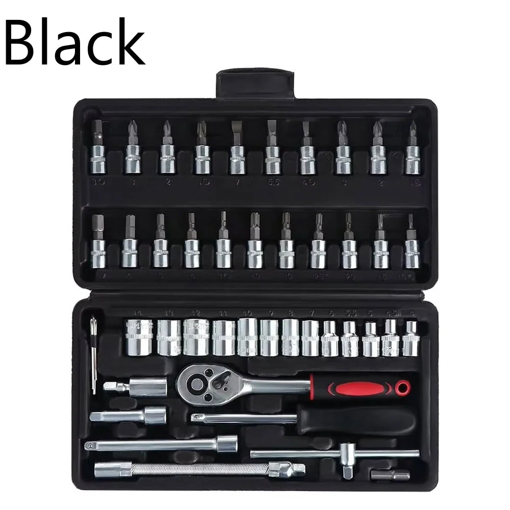 Motorcycle 46pcs 1/4 Inch Drive Socket Ratchet Wrench Set Complete Car Repair Kit