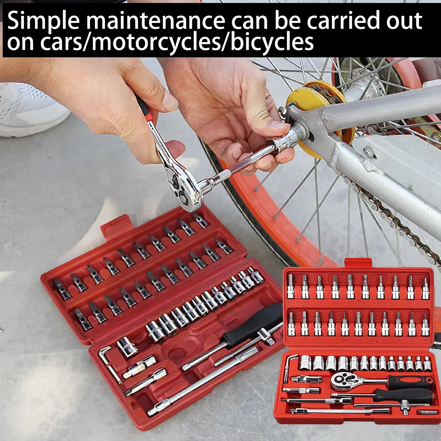 Motorcycle 46pcs 1/4 Inch Drive Socket Ratchet Wrench Set Complete Car Repair Kit