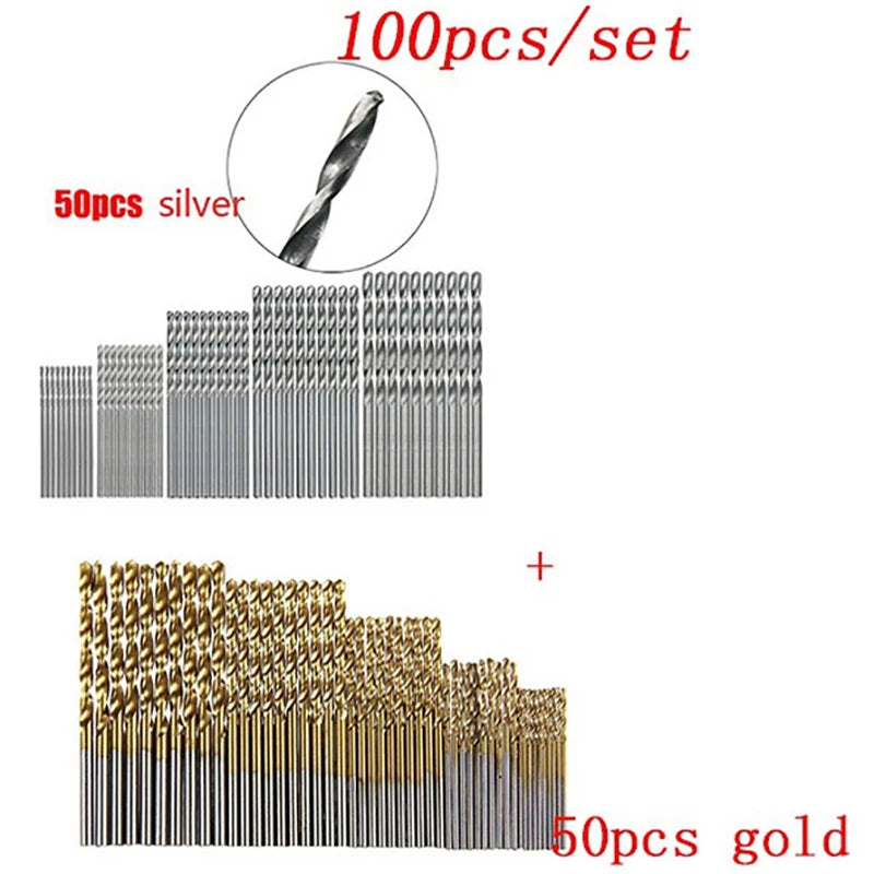 50/100Pcs 1/1.5/2/2.5/3mm Titanium Plated High-speed Steel Titanium Coated Drill Bits Set For Metal Wood Aluminum Drilling Tools