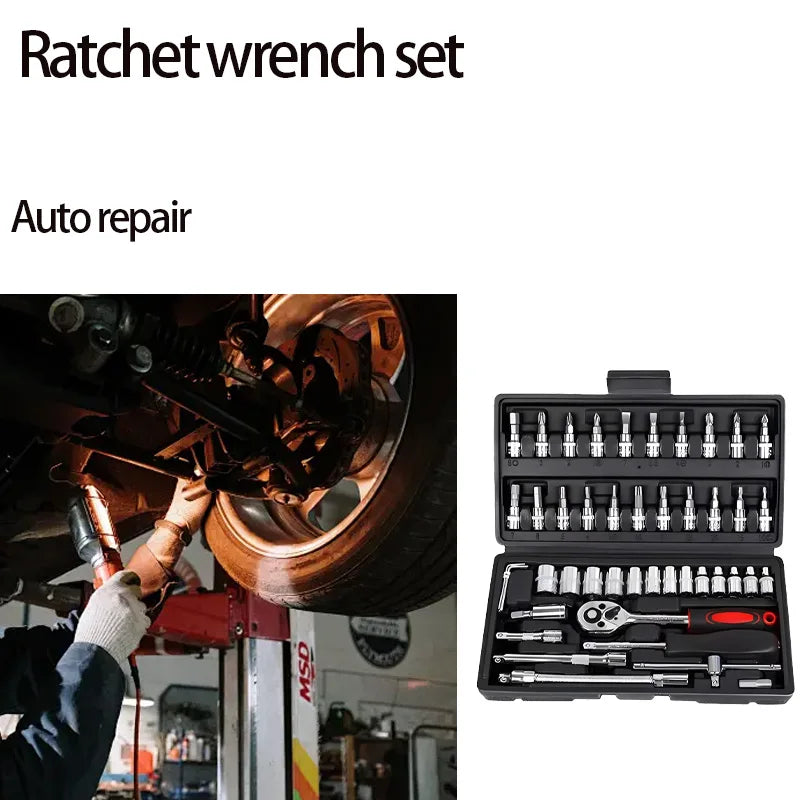 Motorcycle 46pcs 1/4 Inch Drive Socket Ratchet Wrench Set Complete Car Repair Kit