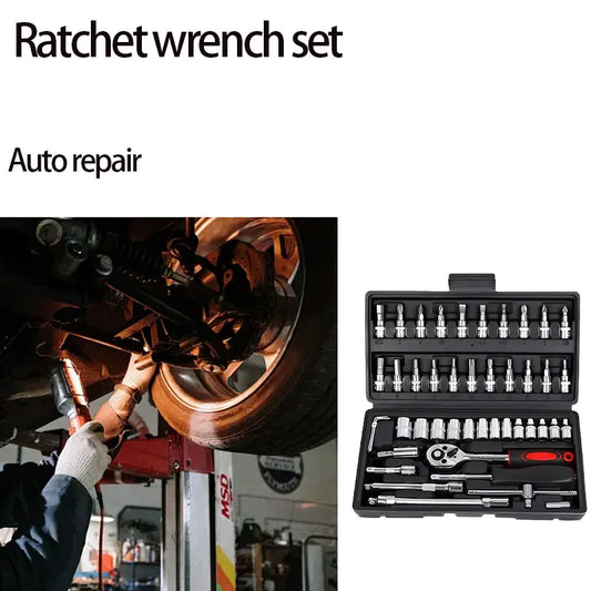 Motorcycle 46pcs 1/4 Inch Drive Socket Ratchet Wrench Set Complete Car Repair Kit