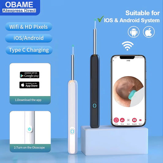 6 LED Lights Earpick Smart Visual Ear Cleaner with Camera 1296P Ear Sticks USB C Charging Ear Wax Removal Tool WIFI Connection