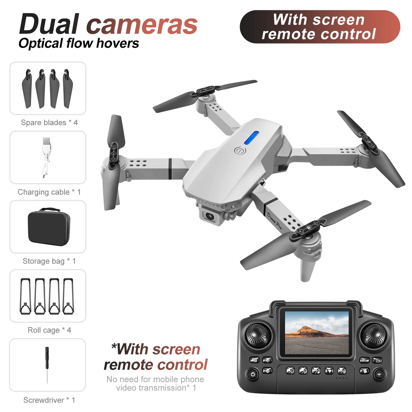 Mini Drone Dual Camera Lighting Screen Control E88 E99