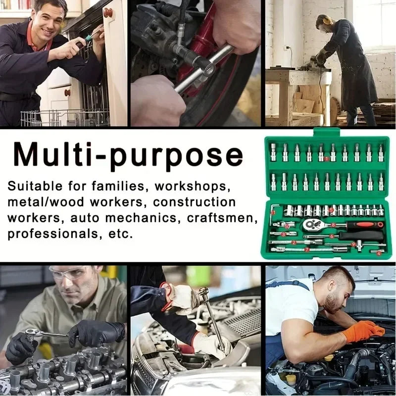 46pc Driver Sleeve Kit 1/4" Ratchet Wrench Kit for Automatic House Repair with Socket Hexagonal Socket Settings Mechanical Tool
