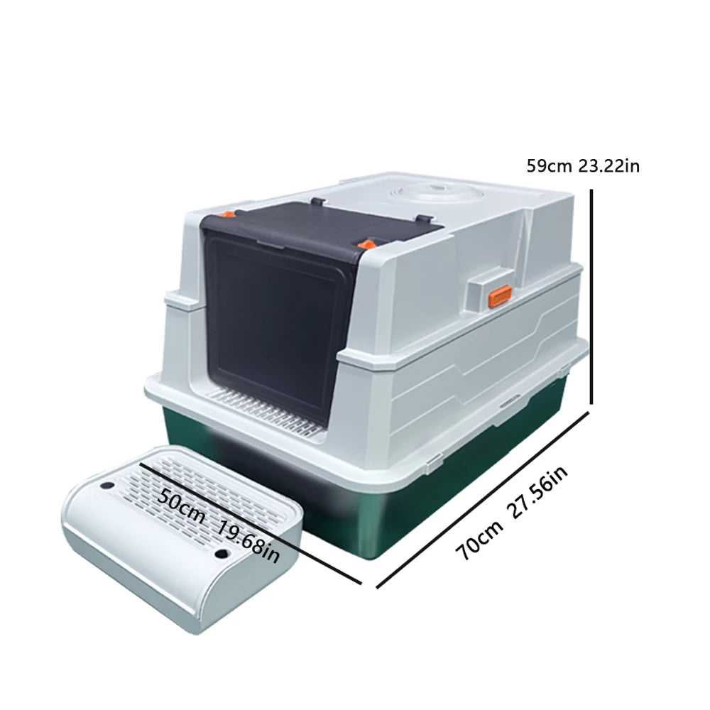 Stainless steel litter box with lid, extra-large enclosed kitty litter pan, equipped with steps and a litter scoop,