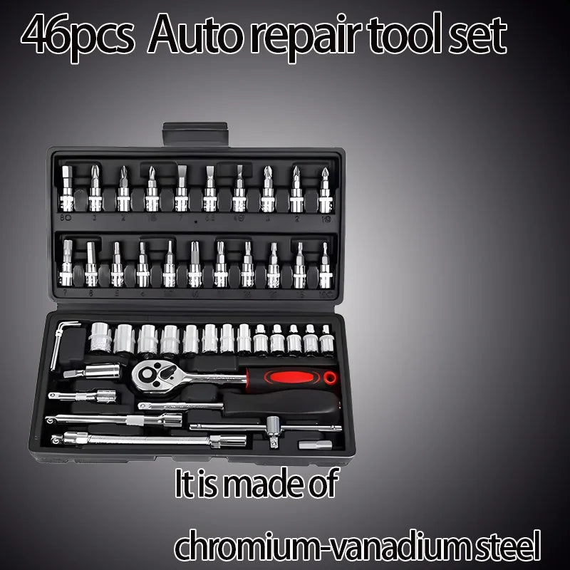 Motorcycle 46pcs 1/4 Inch Drive Socket Ratchet Wrench Set Complete Car Repair Kit