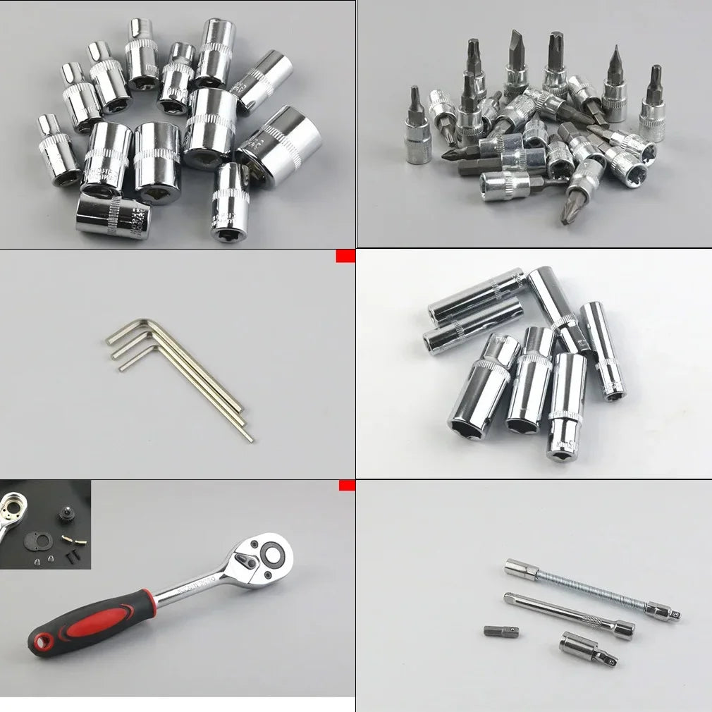 Motorcycle 46pcs 1/4 Inch Drive Socket Ratchet Wrench Set Complete Car Repair Kit