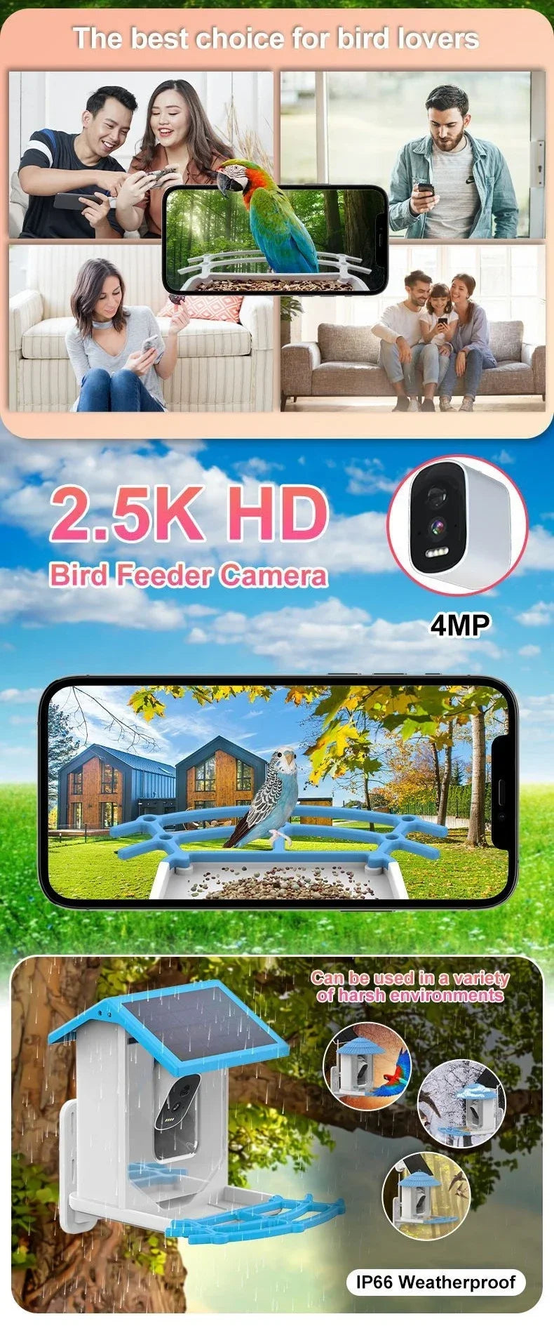 Smart Bird Feeder with Camera 2.4K Screen Solar Low Power Night Vision