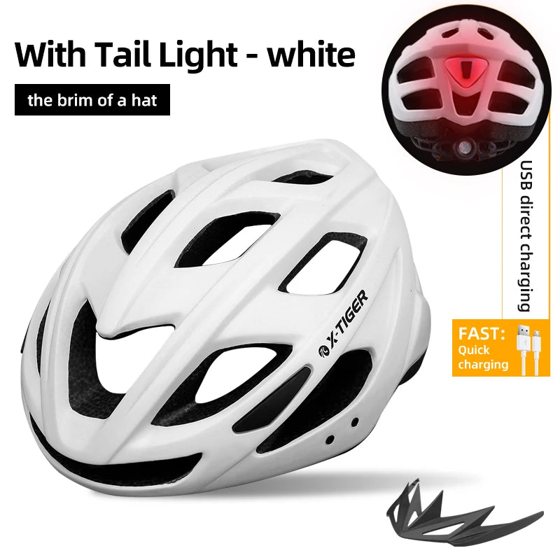 X-TIGER Cycling Helmet Man Women LED Light Helmet Road Mountain Bike Helmet Bicycle Helmet Rechargeable Brim Design Helmet
