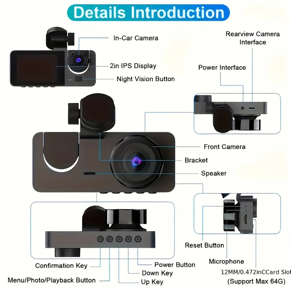 Dash Cam, 1080P FHD Front and Rear Inside Car Camera, WiFi APP Control