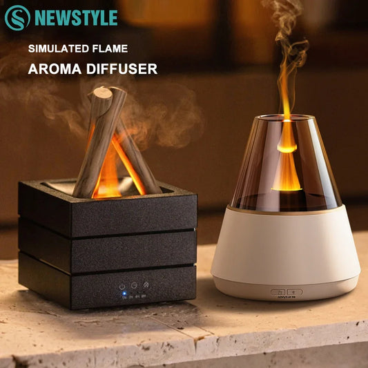 NEWSTYLE Simulated Flame Aroma Diffuser Bonfire Air Humidifier Ultrasonic Cool Mist Maker Fogger LED Essential Oil Lamp Diffuser
