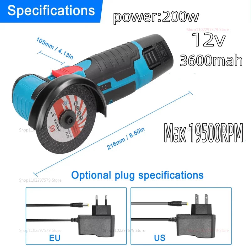 12V Cordless Electric Angle Grinder Compact 19500rpm LithiumBattery Mini Polishing Grinding Diamond Cut Tool for DIY and HomeUse