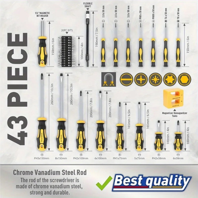 Upgraded Professional Screwdriver Set with Magnetic Bit Holder, Includes Slotted, Phillips, Hexagonal, Torx, and Precision Tools