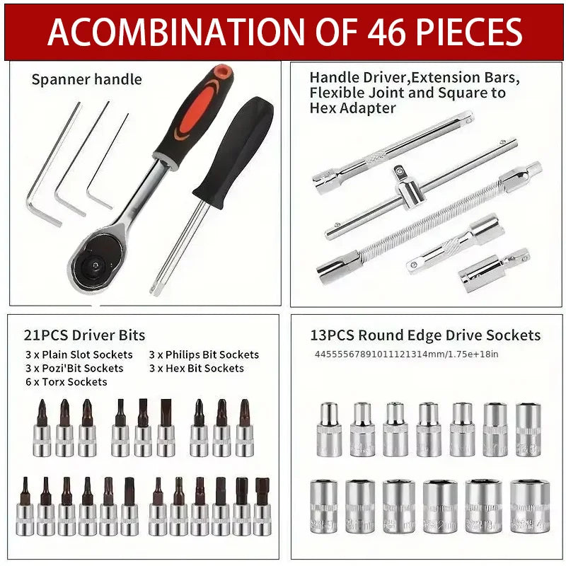 Motorcycle 46pcs 1/4 Inch Drive Socket Ratchet Wrench Set Complete Car Repair Kit