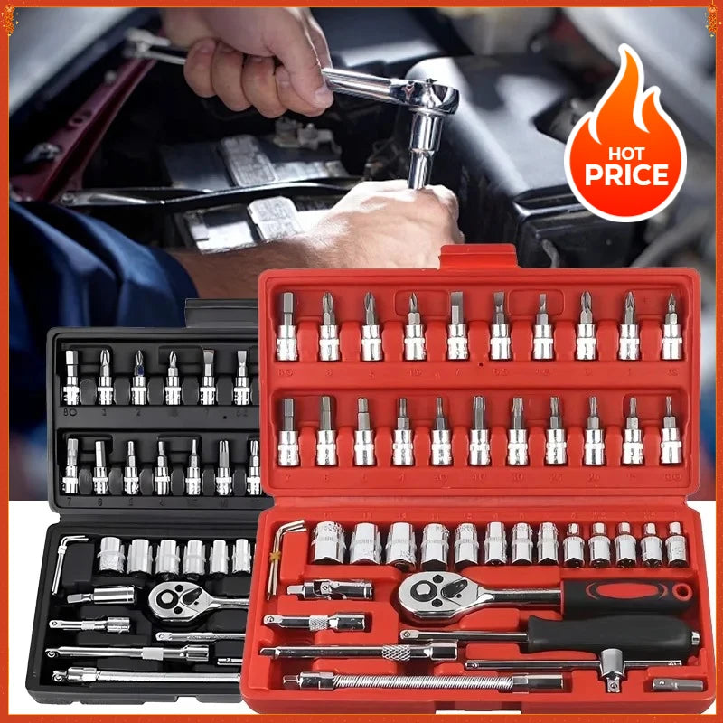 Motorcycle 46pcs 1/4 Inch Drive Socket Ratchet Wrench Set Complete Car Repair Kit