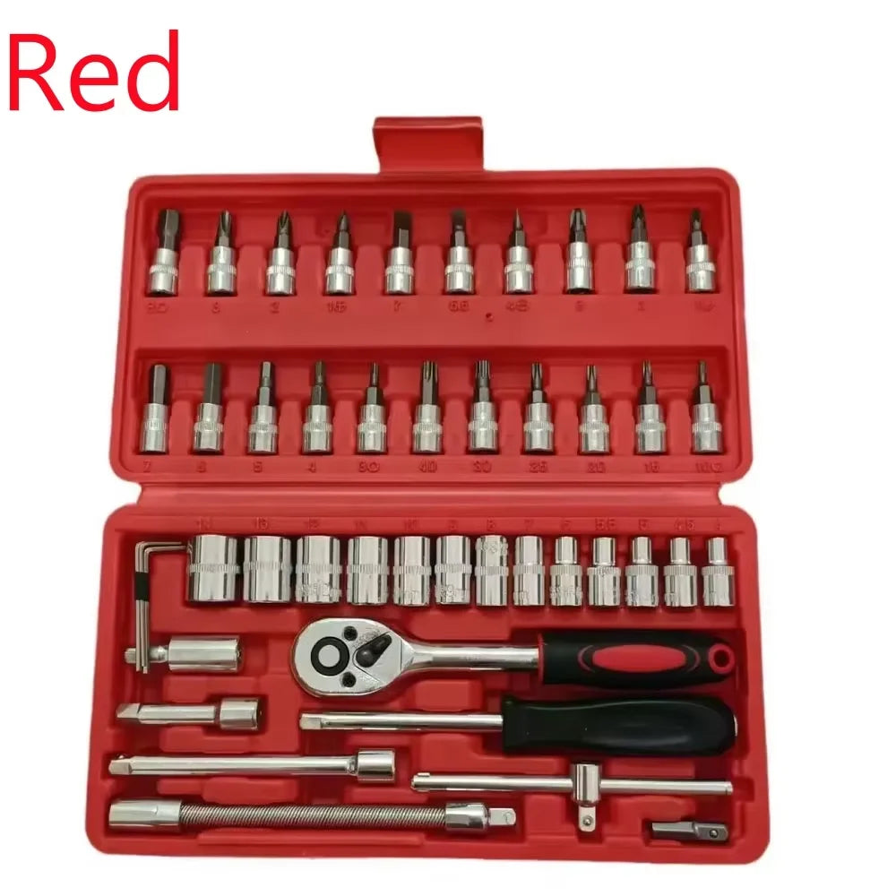 Motorcycle 46pcs 1/4 Inch Drive Socket Ratchet Wrench Set Complete Car Repair Kit