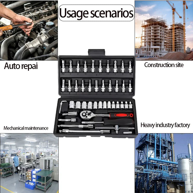 Motorcycle 46pcs 1/4 Inch Drive Socket Ratchet Wrench Set Complete Car Repair Kit