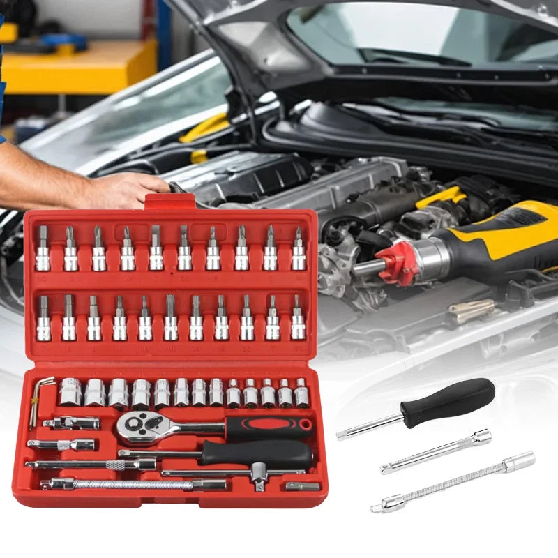 Motorcycle 46pcs 1/4 Inch Drive Socket Ratchet Wrench Set Complete Car Repair Kit