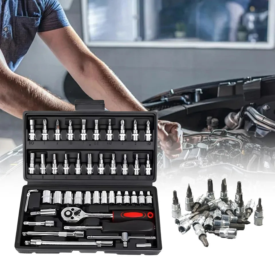 Motorcycle 46pcs 1/4 Inch Drive Socket Ratchet Wrench Set Complete Car Repair Kit