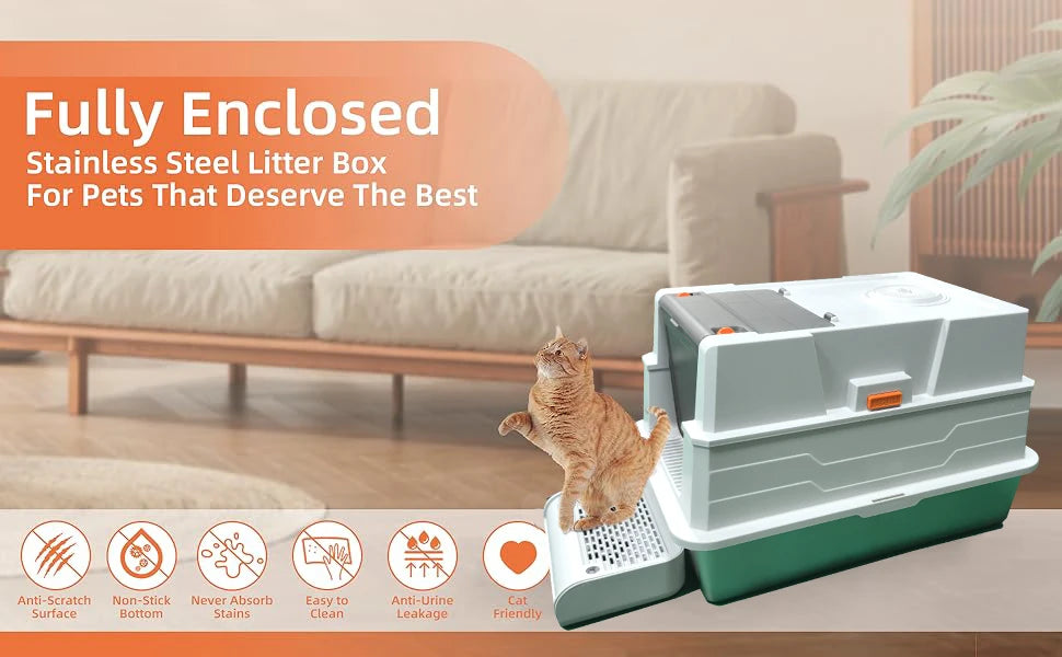 Stainless steel litter box with lid, extra-large enclosed kitty litter pan, equipped with steps and a litter scoop,