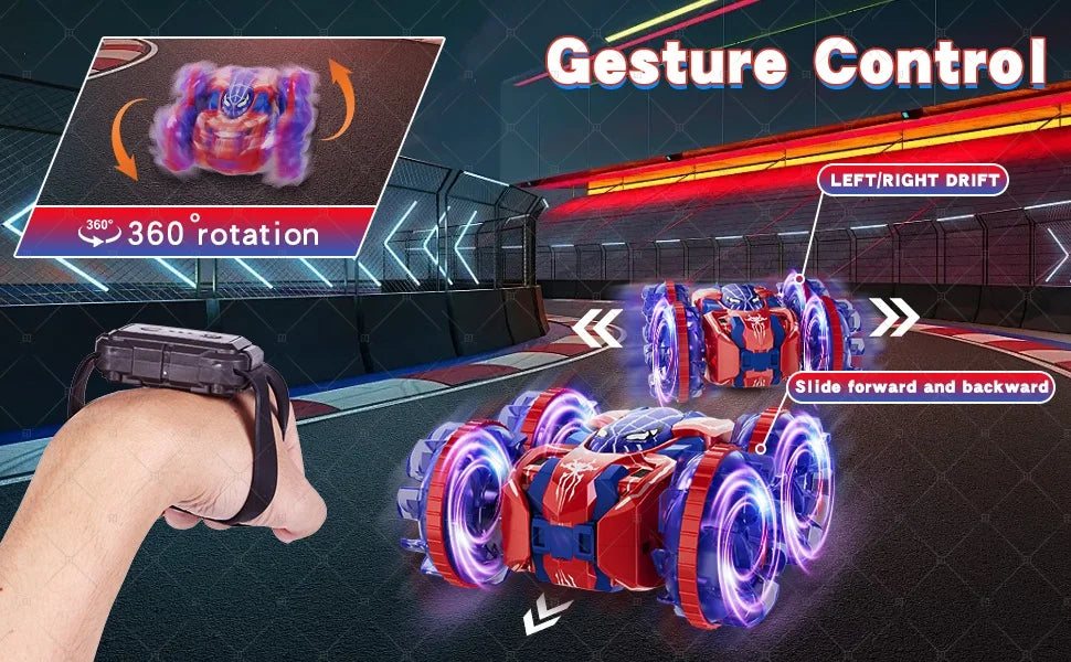 Gesture Sensing RC Stunt Car 360 Degree Rotating Amphibious Hand Gesture Remote Control Car with Lights for Kids Boys Red