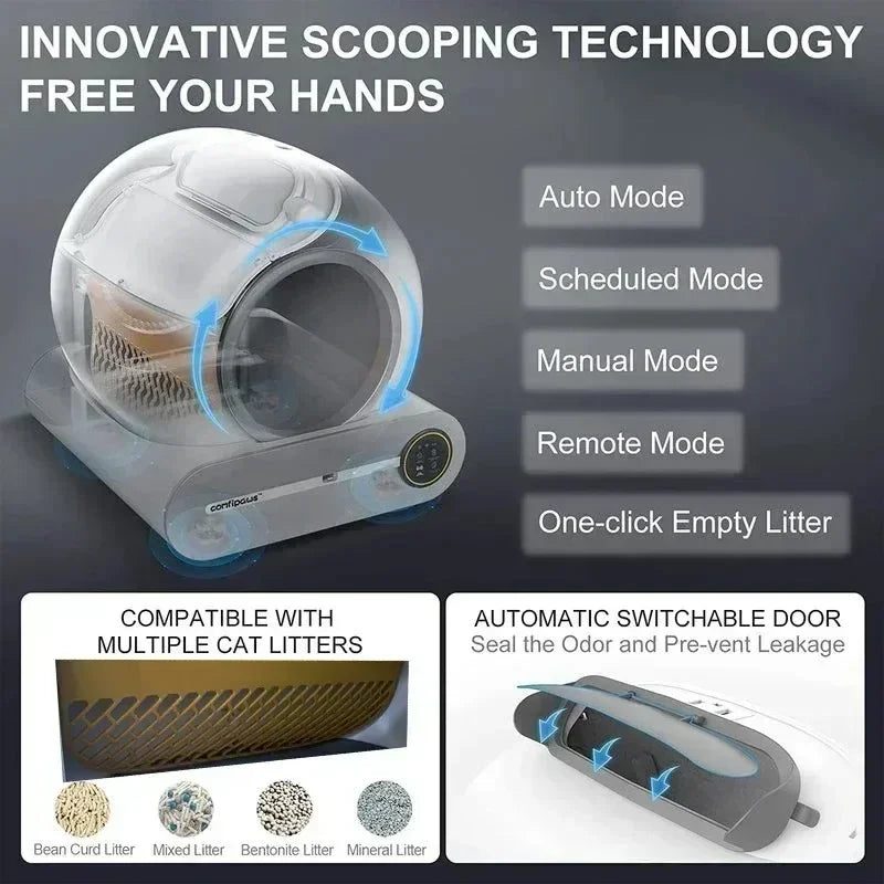 65L Automatic Intelligent Cat Litter Pan Self Cleaning Closed Electric Deodorising APP Remote Control Pet Products Rubbish Bag